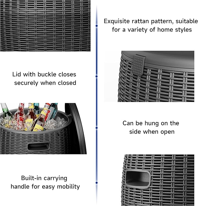 EasyUp 9.5 Gallon Outdoor Cooler Table, Wicker Round Ice Bucket for Parties, Rattan Bar Table with Top Lid Side Handles Drainage Plug, Beer Wine Cooler Side Tables for Patio, Poolside, Deck, Black