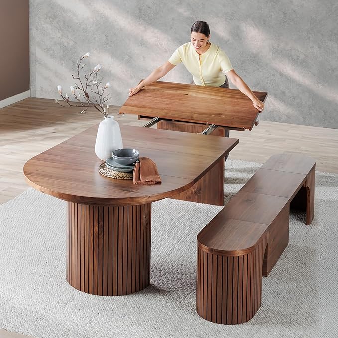 Transformer Table - Solid Wood Extendable Round Dining Table Set, Extendable Round Dining Set, Elegant and Functional Design, Perfect for Dining Room or Kitchen, Royal Brown (Table + Bench)