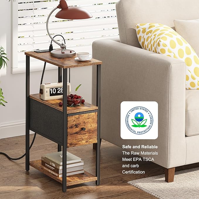 TUTOTAK Set of 2 Small Narrow End Table with Charging Station, Side Table with Outlets, Nightstand with Cloth Drawer, Couch Table, for Living Room, Bedroom, Bedside, Brown TB01BB058