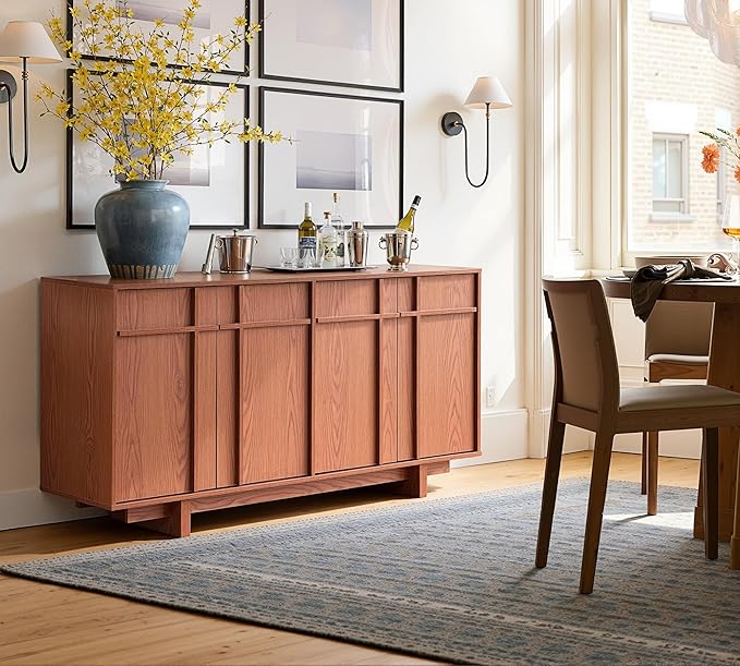 Sideboard Buffet Cabinet with Storage, Mid Century Modern Accent Cabinet with Skeleton Line & Wood Grain Texture, 63" Minimalist Credenza for Living Room Kitchen Dining Room Entryway, Walnut