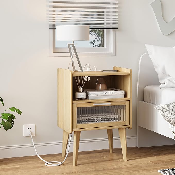 Nightstand with Charging Station, Natural Wood Bedside Tables, Modern End Table, Side Table with 2 Tiers Storage Space for Bedroom Living Room MLBZ07YE-2