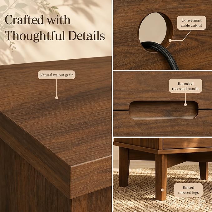 26" Tall Wood Nightstand Set of 2 with Charging Station & USB-C, Mid Century Modern Bedside Table with Solid Wood Legs, Walnut Finish with 2 Drawers