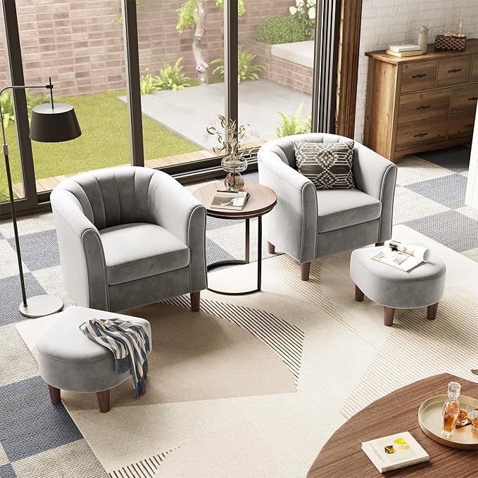 LINSY Accent Chair Set of 2, Velvet Barrel Chair with Ottoman, Modern Comfy Small Armchair for Small Spaces Reading Room Living Room Bedroom Kids Room Office, Grey