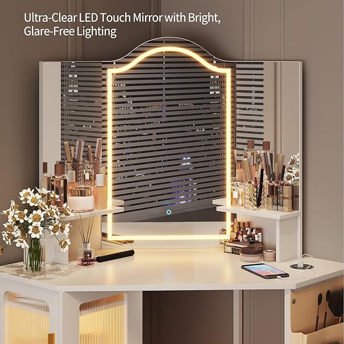 LVSOMT Corner Makeup Vanity Desk with Mirror and Lights, 44" Dressing Table with Charging Station, Makeup Table with Stool, Storage Cabinet and Adjustable Shelf, Bedroom Vanity for Girls Women, White