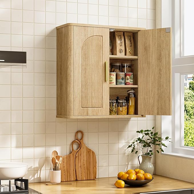 CHOEZON Bathroom Wall Cabinet, Bathroom Storage Cabinet, Medicine Cabinet with Adjustable Shelves and Fluted Doors, Over Toilet Storage Cabinet, for Bathroom, Bedroom, Kitchen, Living Room, Natural