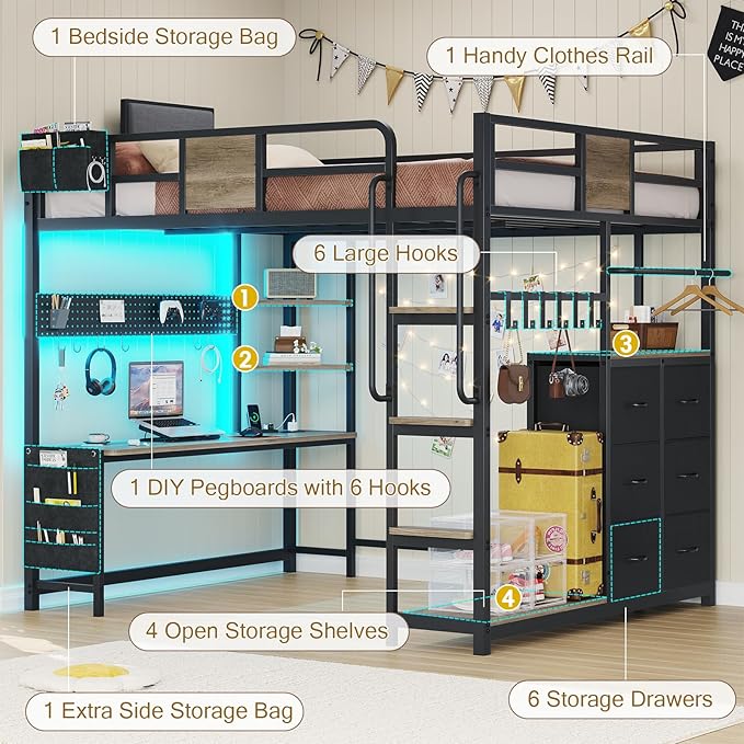 BYSAUD Full Size Loft Bed, Loft Bed with Desk, Full Loft Bed, 6 Storage Drawers & 4 Storage Shelves & 2 Storage Bags, LED Lights & Charging Station, Safety Guard & Ladder, Noise Free, Oak Gray