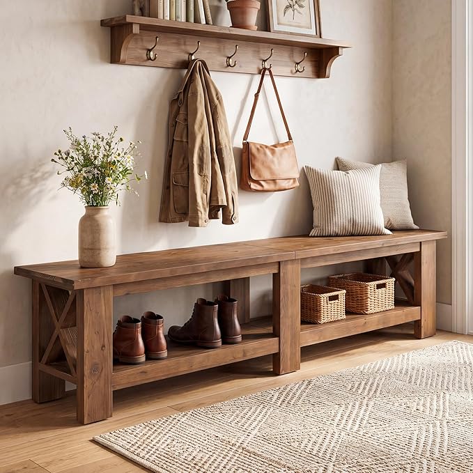 70.87" Solid Wood Entryway Shoe Bench, Extra Long Farmhouse Entryway Bench with Storage for Hallway, End of Bed, Dining Room, Rustic Brown
