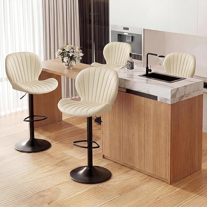GRUSIGN Bar Stools Set of 4, Modern Swivel Adjustable Bar Chairs, Faux Leather Upholstered Counter Height Bar Stools with Backrest, Comfort Barstools for Kitchen Island, Home Bar, Beige