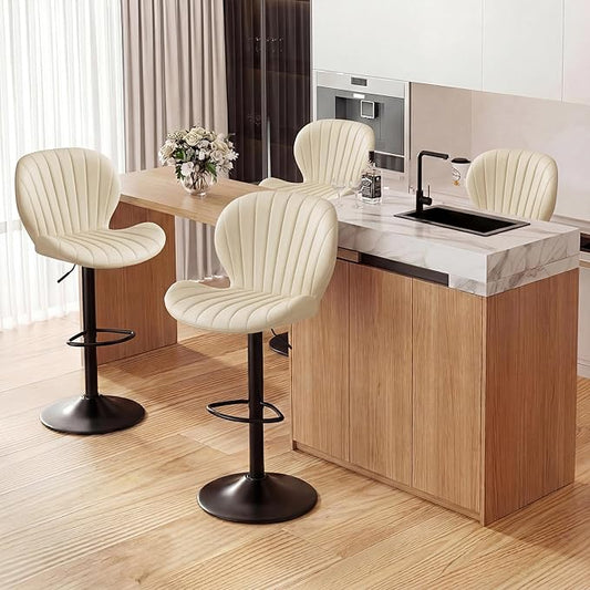 GRUSIGN Bar Stools Set of 4, Modern Swivel Adjustable Bar Chairs, Faux Leather Upholstered Counter Height Bar Stools with Backrest, Comfort Barstools for Kitchen Island, Home Bar, Beige