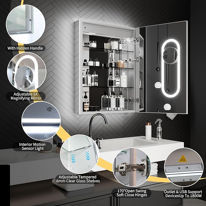 ExBrite 24 x 32 Lighted Medicine Cabinet with Mirror, Front&Backlit led Medicine Cabinet,Defog,5X Magnifier,3 Colors Temper Dimmable,Surface or Recessed Mount,Hinge on the Right