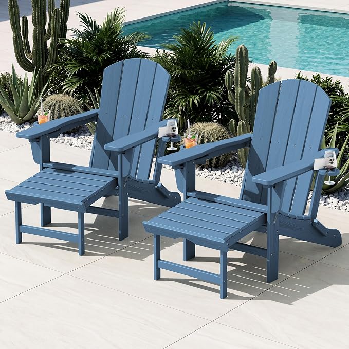 KINGYES Folding Adjustable Adirondack Chair with Retractable Ottoman, HDPE Recliner Adirondack Chair with Cup Holder, Blue