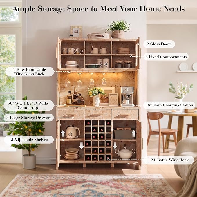 77" Tall Wine Bar Cabinet with Storage Hutch and 3 Drawers, Coffee Bar Cabinet with LED Lights and 24 Bottle Wine Rack for Home Dining Room Kitchen, Light Burl