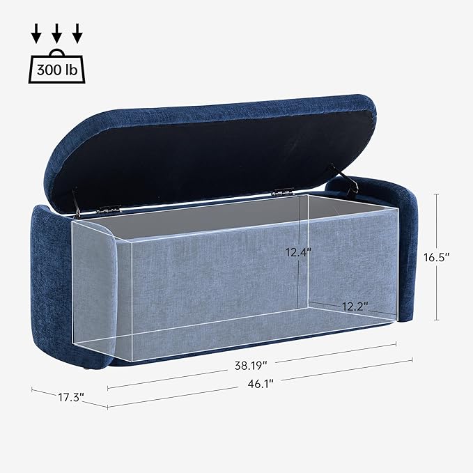 VKNOW 46" Oval Storage Ottoman Bench, Upholstered End of Bed Bench Ottomans Bench Foot Rest, Sherpa Storage Bench for Bedroom, Living Room and Hallway, Navy