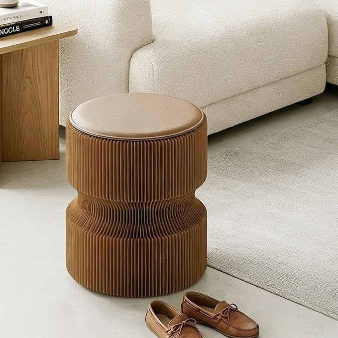 Accordion Folding Stool, Modern Kraft Paper Honeycomb Ottoman, Collapsible Portable Footrest Stool, Fold Up Under Desk Seat for Office Entryway Living Room Small Space (15 Inch, Brown)