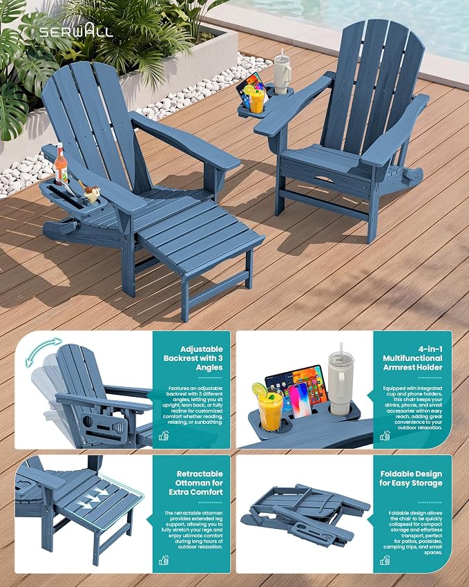 SERWALL Folding Adjustable Adirondack Chair with Footrest, HDPE Outdoor Chair with 4-in-1 Cup Holders, All Weather Adirondack Chair with Ottoman, Blue