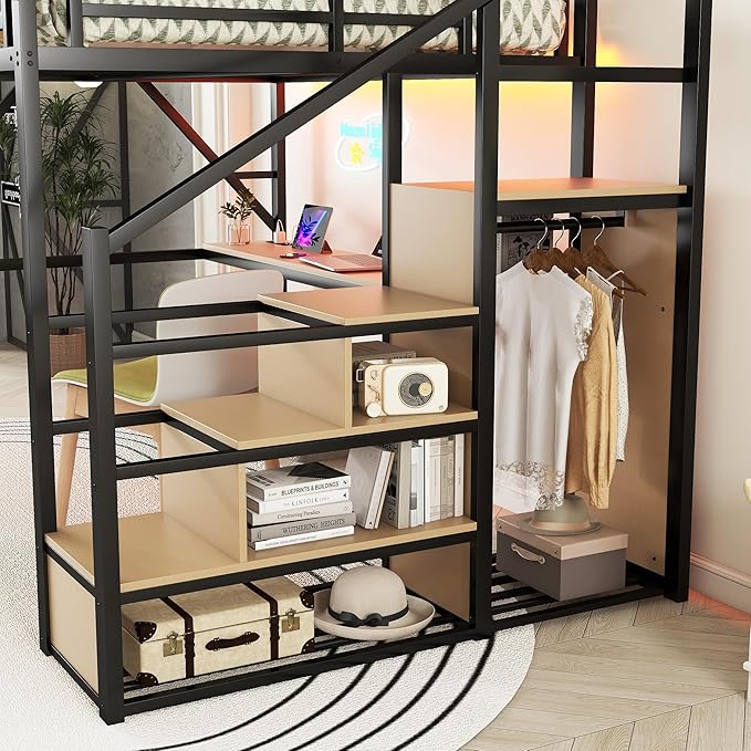 KEIKI Queen Size Metal Loft Bed Frame with Desk, Staircase, Built-in Storage Shelves and Wardrobe, Modern Loft Bed with Solid Slat, Guardrail, No Box Spring Required, Easy Assembly, for Bedroom, Black
