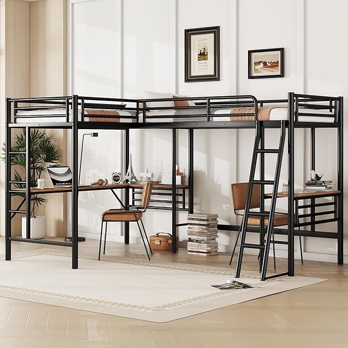 MERITLINE Metal L-Shaped Loft Bed for Two Kids Twin Size High Loft Bed Frame with Two Built-in Desks Underneath for Boys Teens, Black