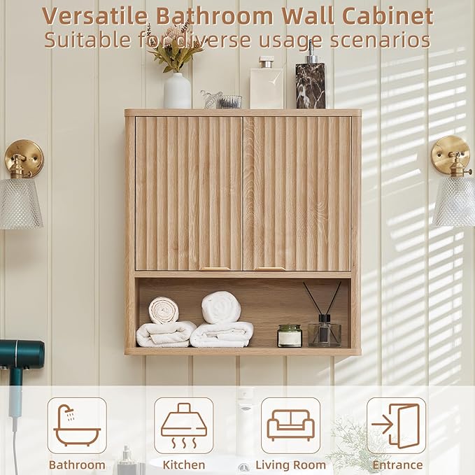 LEYAOYAO Fluted Bathroom Wall Cabinet, Wall-Mounted Medicine Cabinet with Adjustable Shelf & Doors, Farmhouse Floating Over the Toilet Storage Cabinets for Laundry Room, Kitchen, Living Room (Natural)