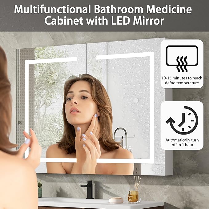 DEYGIA LED Medicine Cabinet with Mirror for Bathroom, Assembly-Free Lighted Medicine Cabinet, Defog, Stepless Dimming, 3 Colors, 2 Outlets, 2USB, Aluminum Wall Mounted Mirrored Cabinets, 36”Wx28“H
