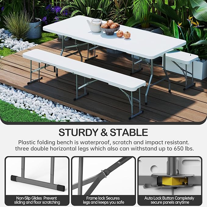 VSOAEIL 6 Foot Folding Bench, Portable Plastic Folding Bench Seat, Foldable Seat for Indoor Outdoor Picnic Camping Dining, Soccer Garden Multipurpose Entertaining Activities, White