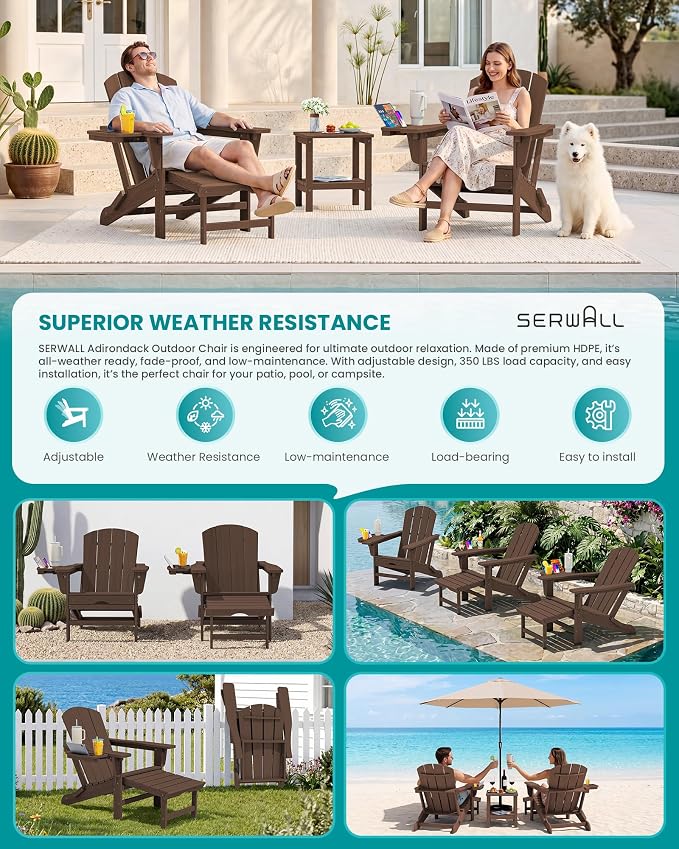 SERWALL Folding Adjustable Adirondack Chairs with Footrest Set of 2, HDPE Outdoor Chair with 4-in-1 Cup Holders, All Weather Adirondack Chair with Ottoman, Coffee