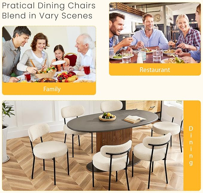 DUMOS Dining Chairs Set of 4, Mid Century Modern Chair Round Upholstered Curved Backrest, Kitchen Vanity Living Room Chairs with Black Metal Legs，Light Beige