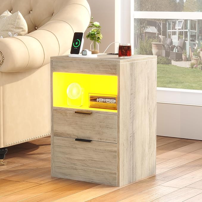 Gadroad LED Nightstand with Charging Station, Bedside Table with USB Ports & Power Outlets, Modern Night Stand with Drawers for Bedroom Small Spaces, Grey