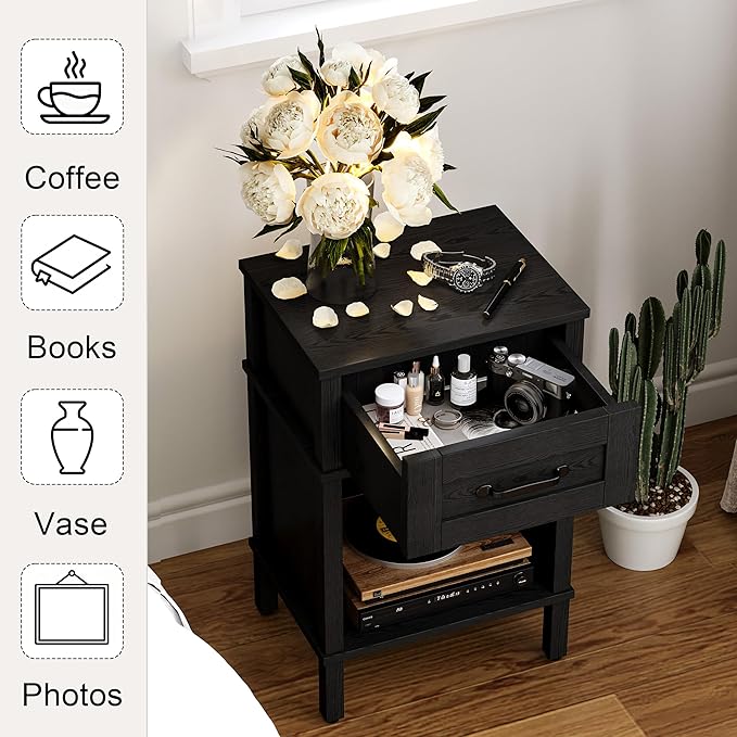 Farmhouse Nightstand with Drawer, Small Wood Side Table, Wooden Bedroom Nightstand, Wood Night Stand, Black Bedside Table with Storage, Black End Table for Living Room LET512B