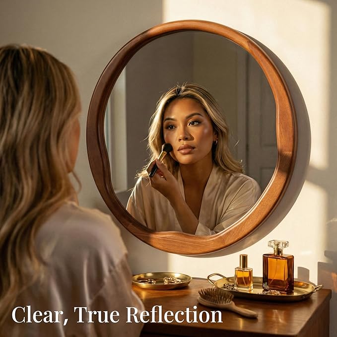 Walnut Round Wall Mirror 30 Inch, Large Solid Wood Framed Mirror with Wavy Inner Edge, Mid-Century Decor for Living Room, Dining Room & Entryway