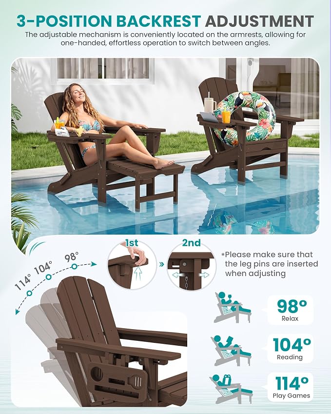 SERWALL Folding Adjustable Adirondack Chairs with Footrest Set of 2, HDPE Outdoor Chair with 4-in-1 Cup Holders, All Weather Adirondack Chair with Ottoman, Coffee