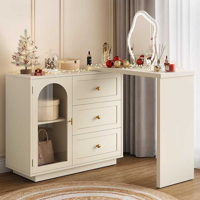 RoyalCraft 59” Large Makeup Vanity Desk, Beige L Shaped Corner Vanity Table with 3 Drawer & 1 Door, Modern Extendable Dressing Table, Vanity Dresser Combo for Bedroom, Dressing Room (Without Mirror)