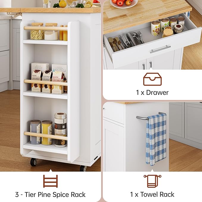OtterOasis Rolling Kitchen Island with Hidden Trash Can Storage, Kitchen Island on Wheels with Storage, 3-Tier Spice Rack, Towel Rack&Drawer, Mobile Portable Island for Kitchen, White