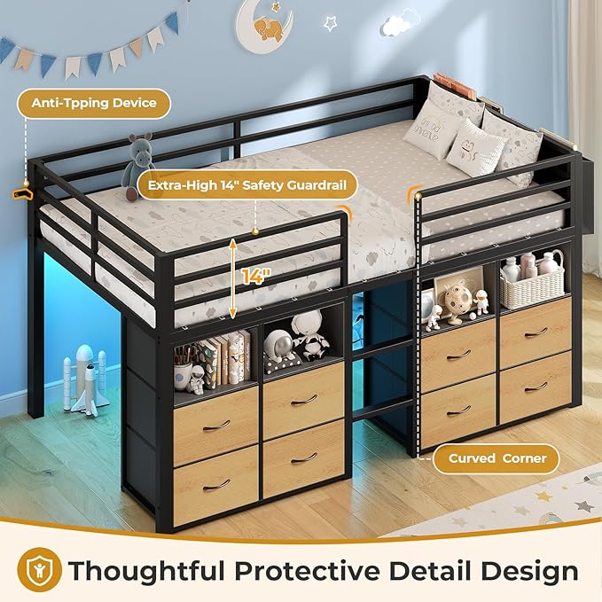 ADORNEVE Low Loft Bed Twin Size with 8 Storage Drawers, Twin Loft Bed with Bookcase and LED Lights, Metal Kids Loft Bed with 14" H Safety Guardrail, Under-Bed Play Space, No Box Spring Needed, Natural