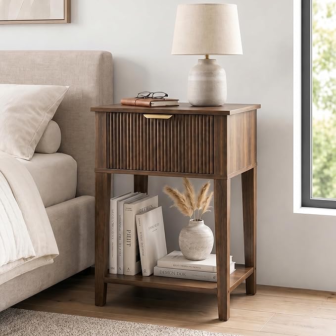 Modern Fluted Small Wood Nightstand, 11.8" Deep x 15.4" Narrow Bedside Table with Drawer & Open Shelf, Mid-Century Rustic Accent End Table for Bedroom & Sofa - Walnut