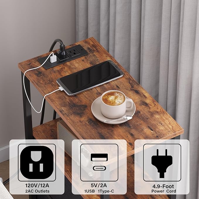 TUTOTAK Small Narrow LED End Table with Charging Station, Side Table Outlets, Nightstand with Cloth Drawer, Set of 2, Couch Table, for Living Room, Bedroom, Bedside, Brown and Black TB01BB059K