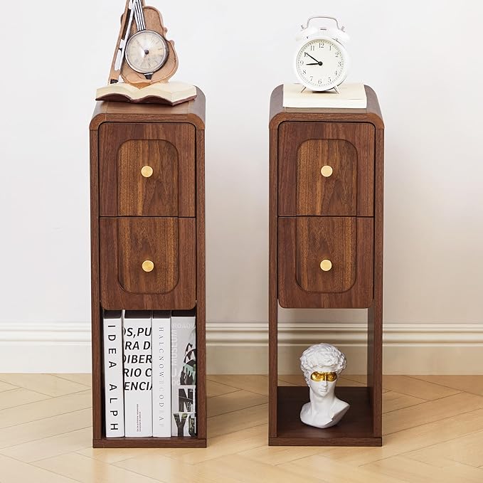Small Nightstand Set of 2, Wooden Narrow Nightstands with 2 Drawers, Vintage Side End Table for Small Spaces, Skinny Night Stand, Bedside Table for Bedroom, Living Room (Walnut-2PCS)