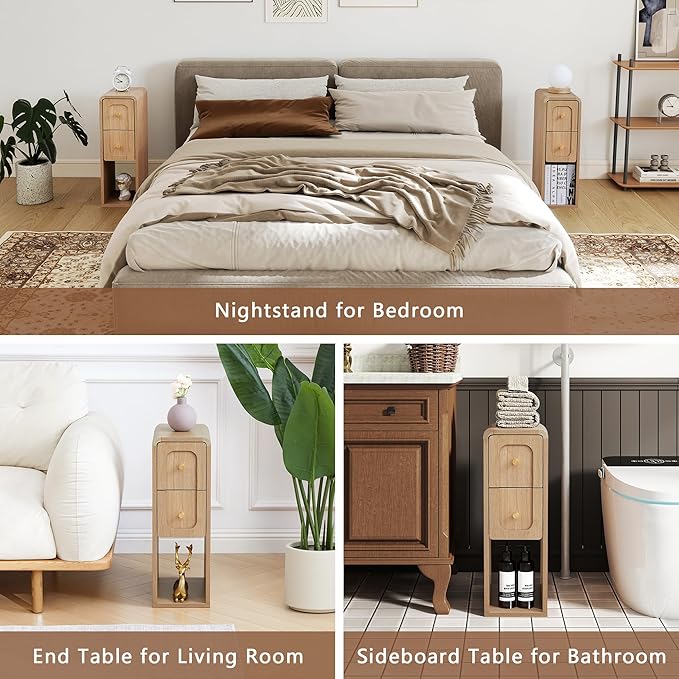 Narrow Nightstand with 2 Drawers, Small Bedside Tables, Mid-Century Modern Slim Night Stand with Storage, Wooden End Table for Small Spaces, Bedroom, Living Room (Natural-1PCS)