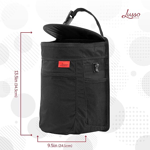 Lusso Gear Spill-Proof Car Trash Can - Leakproof Liner & Flip-Top Lid Auto Trash Can - Hangs in Trucks & SUVs as Trunk Organizer - 2.5-Gal Mesh Pockets for Camper Accessories - 2.5 Gal, Gray, Round