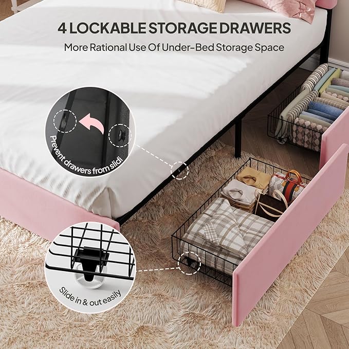 Welzona Queen Upholstered Bed Frame with 4 Storage Drawers, Velvet Upholstered Metal Platform Bed with Vertical Tufted Headboard, 3-Level Height, Metal Slat Support, Noise-Free Easy Assembly, Pink
