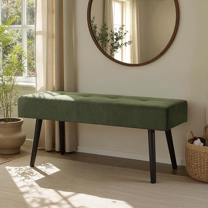 Comfy to go Entryway Bench - Green Bench for Bedroom, Modern Ottoman End of Bed, Corduroy Padded Benches for Living Room, Foyer, Mudroom, Hallway - 39" L x 14" W x 17" H