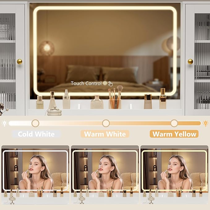 Fluted Makeup Vanity Desk with Mirror and Lights, 55" Glass Top Vanity with 8 Drawers & 4 RGB Glass Cabinets, Adjustable Shelves & Power Outlet, Modern Dressing Table Set for Women Girls Bedroom