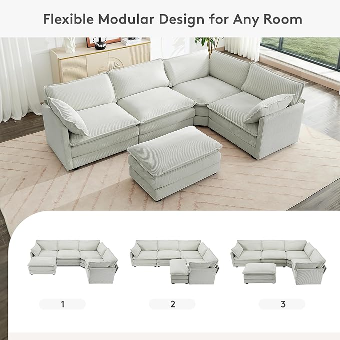 ROWHY 113'' Sectional Cloud Couch, 5 Seater Modular Corner L Shape Sofa Big Comfy Corduroy Oversized Couch with 2 Pillows Movable Ottoman, Deep Seat Sectional Couches for Living Room Office Light Grey | Pet-Friendly Fabric