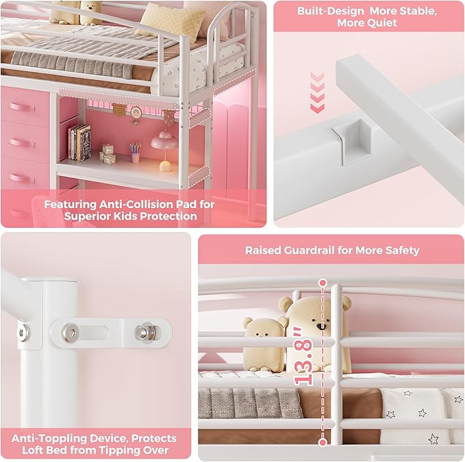 Twin Low Loft Bed with Desk, 7 Storage Drawers & LED Lights, Kids Metal Loft Bed with 12" H Safety Guardrail, Underbed Play Space & Curtain, Anti-Collision Pad (Pink)