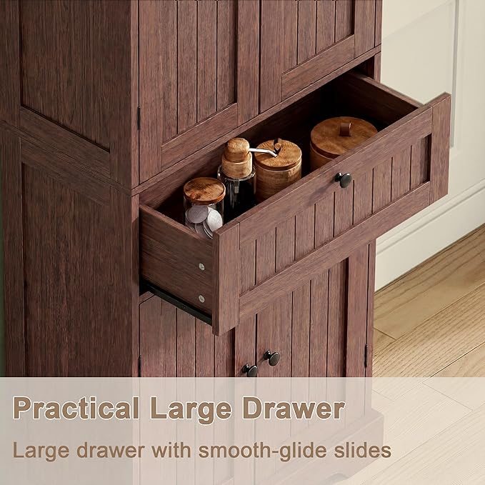 ChooChoo 51" H Tall Bathroom Floor Cabinet, Modern Bathroom Storage Cabinet with Drawer and Adjustable Shelves, Freestanding Kitchen Pantry Cupboard with 4 Doors for Living Room, Walnut