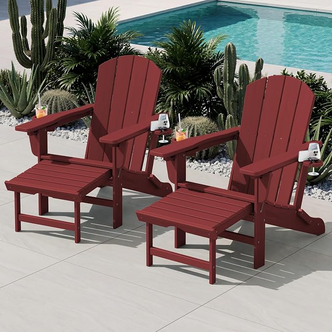 KINGYES Folding Adjustable Adirondack Chair with Ottoman & 2 Cup Holders, HDPE Reclining Adirondack Chair with Footrest, Red