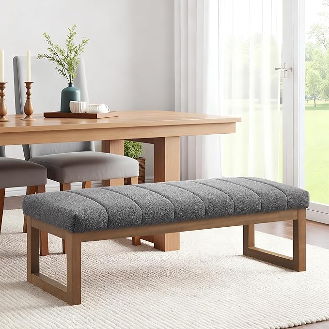 Zihanhome 52.7" Bedroom Bench for End of Bed, Modern Upholstered Teddy Fabric Entryway Bench & Dining Bench, Footrest Stool Bench with Solid Wood Frame for Bedroom, Living Room (Grey)