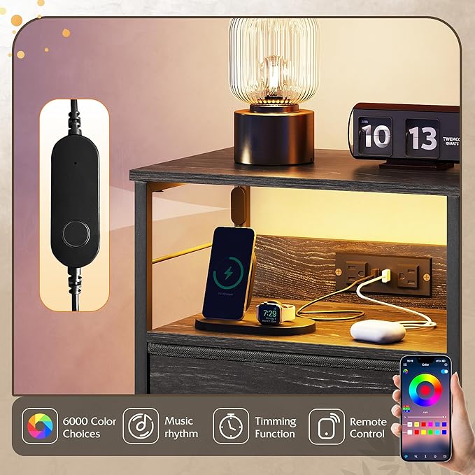 WLIVE Nightstand with Charging Station, 31.9" H Nightstand with 3 Fabric Drawers, LED Bedside Table with USB Ports and Outlets, End Table for Dorm, Bedroom, Entryway, Charcoal Black Wood Grain Print