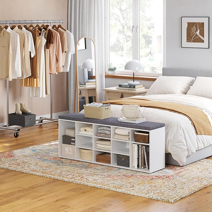 DINZI LVJ Shoe Storage Bench with Cushion, 13-Cubby Shoe Rack, Adjustable Shelves, Multifunctional Shoe Organizer Bench for Entryway, Mudroom, Hallway, Living Room, Bedroom and Garage, White