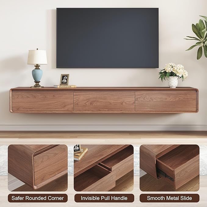 Floating TV Stand - Wall Mounted Mid Century Entertainment Center with 3 Storage Drawers, Modern Media Console Fits 65-85 Inch TV for Living Room(Walnut, 78.74", Wall Mounted (Floating))