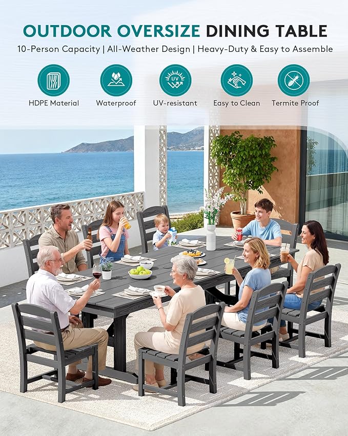 SERWALL Outdoor Armless Dining Chairs Set of 2, All-Weather HDPE Patio Chair with 19.7" Widened Seat, for Backyard, Garden, Gray